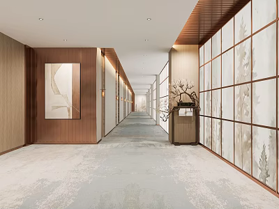 Elegant Modern Hotel Corridor Interior With Wooden Decor Glass Partitions And Carpet Flooring 3d model