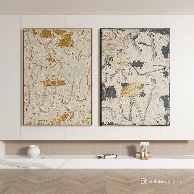 Two Abstract Paintings On Light Colored Wall With White Vase And Decorative Items 3d model
