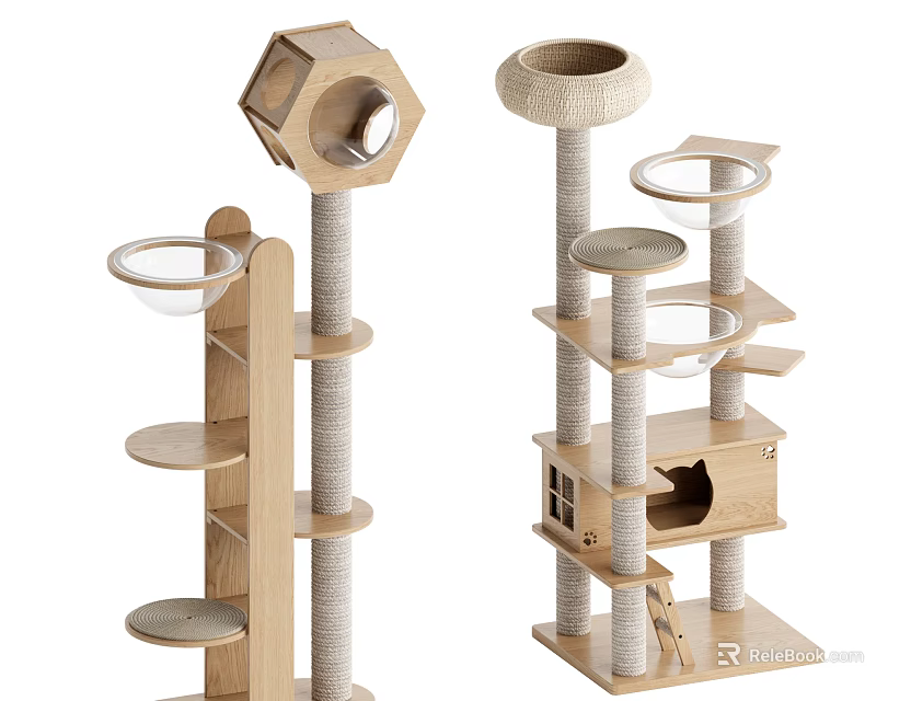 Multi Level Wooden Cat Tree with Scratching Posts Platforms Cat House and Hanging Bowls 3d model 