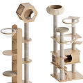 Multi Level Wooden Cat Tree with Scratching Posts Platforms Cat House and Hanging Bowls