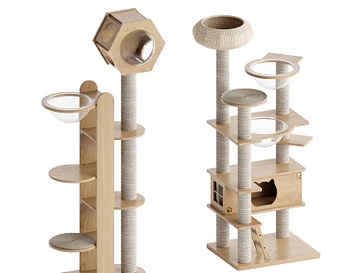 Multi Level Wooden Cat Tree with Scratching Posts Platforms Cat House and Hanging Bowls 3d model