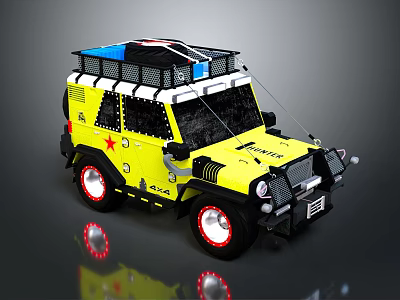 Yellow Off Road Rescue Vehicle With Red Star Roof Rack And Emergency Lights 3d model