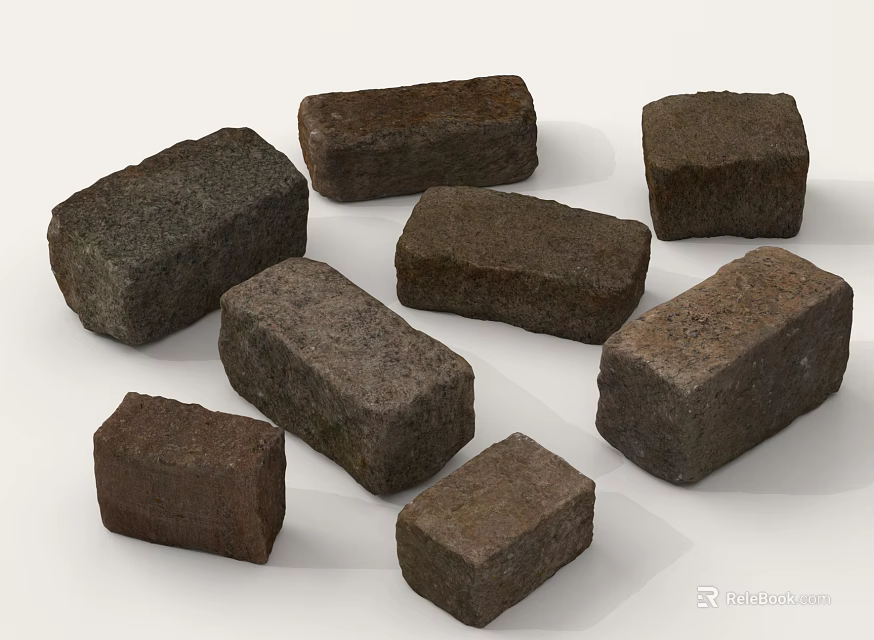 Various Textured Bricks In Different Sizes And Colors On White Surface 3d model 