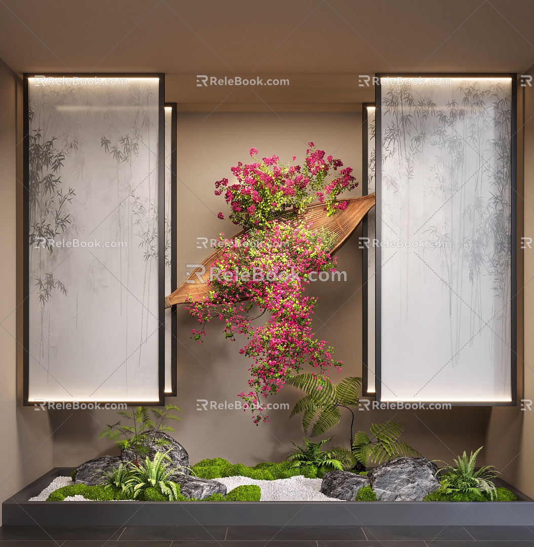 Indoor installation landscaping screen flower fern stone moss gravel 3d model