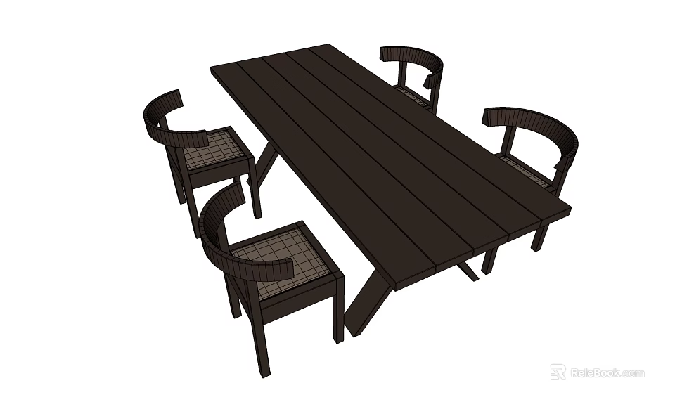 Modern Dark Wooden Table and Chair Set With Woven Back Chairs And Rectangular Dining Table 3d model