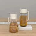 Modern Glass Condiment Bottles With White Lid Measuring Scale On White Base And Wooden Countertop
