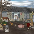Traditional Rural House With Tiled Roof Horse Chicken Bicycle And Clothesline