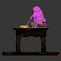Wooden Table On Platform With Pink Object Cutting Board Knife Small Jars And Yellow Butter
