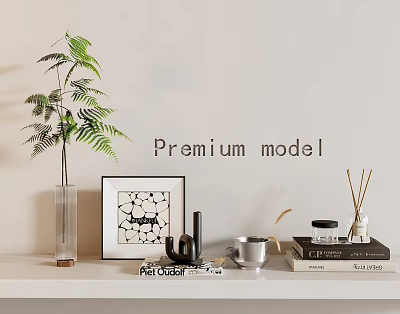 Premium Decorative Ornament Set with Green Fern Vase Framed Art Incense Sticks Mug and Books 3d model