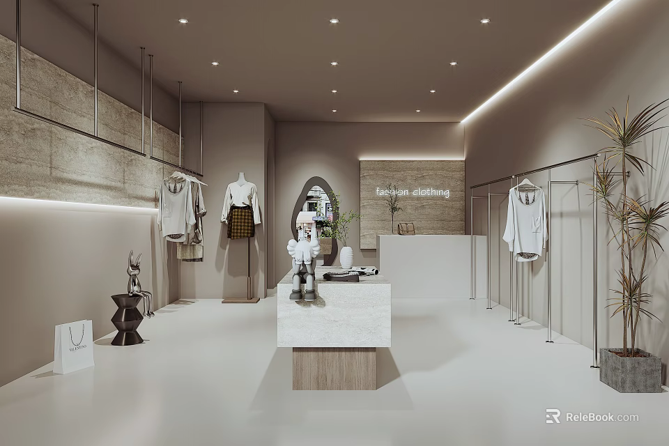 Modern Clothing Store Interior Design With Clothing Racks Mannequins Checkout Counter And Decorative Plants 3d model 
