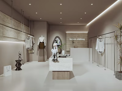 Modern Clothing Store Interior Design With Clothing Racks Mannequins Checkout Counter And Decorative Plants 3d model