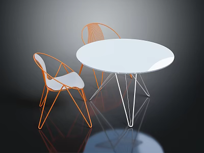 Modern Dining Table And Chairs Set With White Round Table And Orange Metal Frame Chairs 3d model