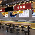 Modern Restaurant Interior With Open Kitchen Tables Chairs Pendant Lights And Menu Boards