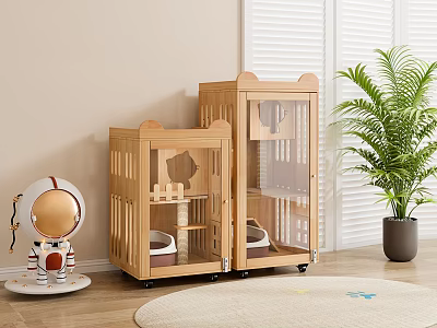 Wooden Pet Cage With Cat Ear Design Astronaut Figurine And Green Plant Near White Shutters 3d model