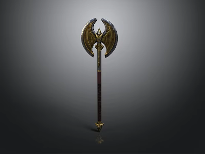 Fantasy Winged Axe Weapon With Golden Black Design And Long Handle 3d model
