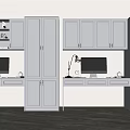 Modern Home Office Desk With Dual Monitors Gray Cabinets And Bookshelves