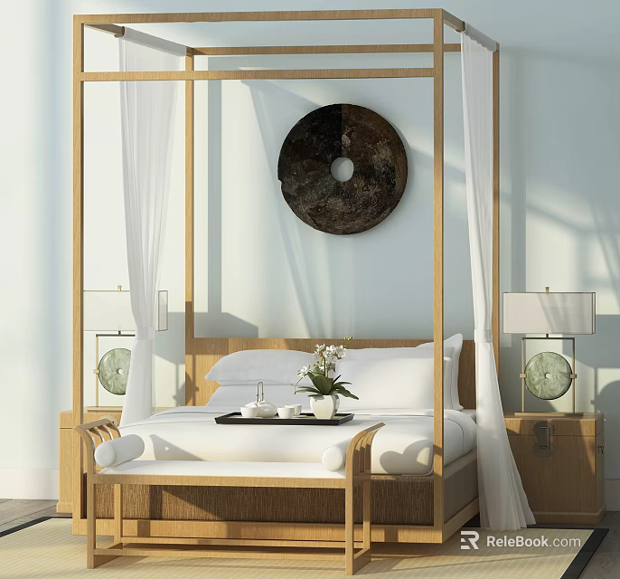 Elegant Double Bed with Wooden Frame White Curtains Nightstands Lamps Circular Wall Decor and Bedding 3d model 