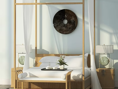 Elegant Double Bed with Wooden Frame White Curtains Nightstands Lamps Circular Wall Decor and Bedding 3d model