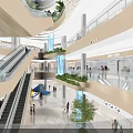 Spacious Multi Level Shopping Mall Interior With Escalators Green Plants And Retail Stores For Shoppers