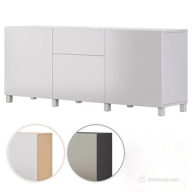 Modern White Dresser with Wooden and Dark Panel Design and Silver Legs 3d model 