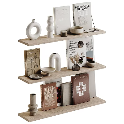 Books and Magazines on Wooden Shelves with Minimalist Ceramic Vases and Bowls 3d model