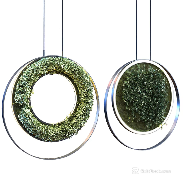 Hanging Circular Decorative Lights With Green Wreath Metal Frames And Modern Design 3d model