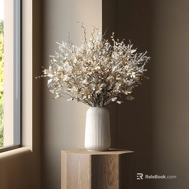White ribbed vase with dried light foliage on wooden pedestal by window with greenery 3d model 