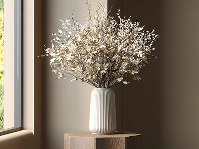 White ribbed vase with dried light foliage on wooden pedestal by window with greenery 3d model