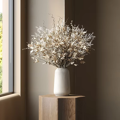 White ribbed vase with dried light foliage on wooden pedestal by window with greenery 3d model