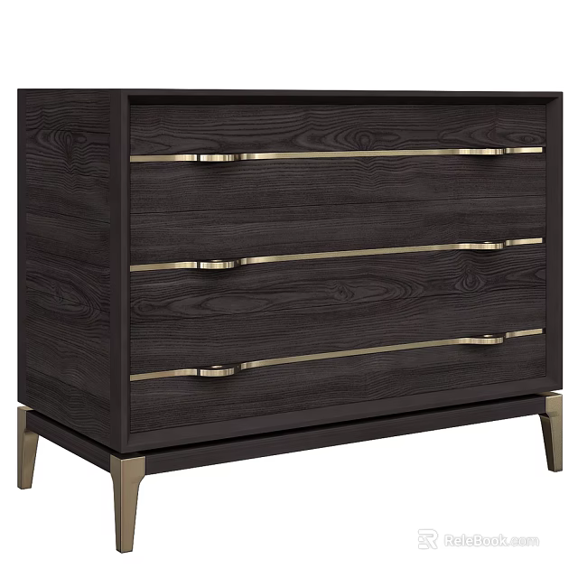 Elegant Dark Wood Nightstand With Gold Metal Handles And Drawers 3d model 