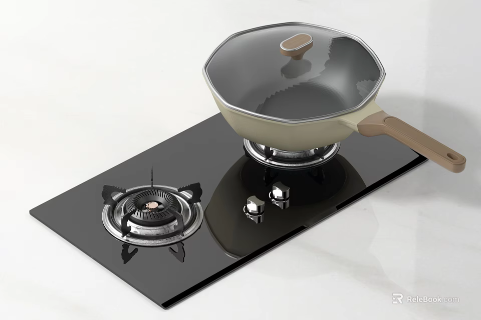 Non Stick Frying Pan With Lid And Wooden Handle On Black Glass Gas Stove Burner 3d model 