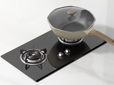 Non Stick Frying Pan With Lid And Wooden Handle On Black Glass Gas Stove Burner 3d model