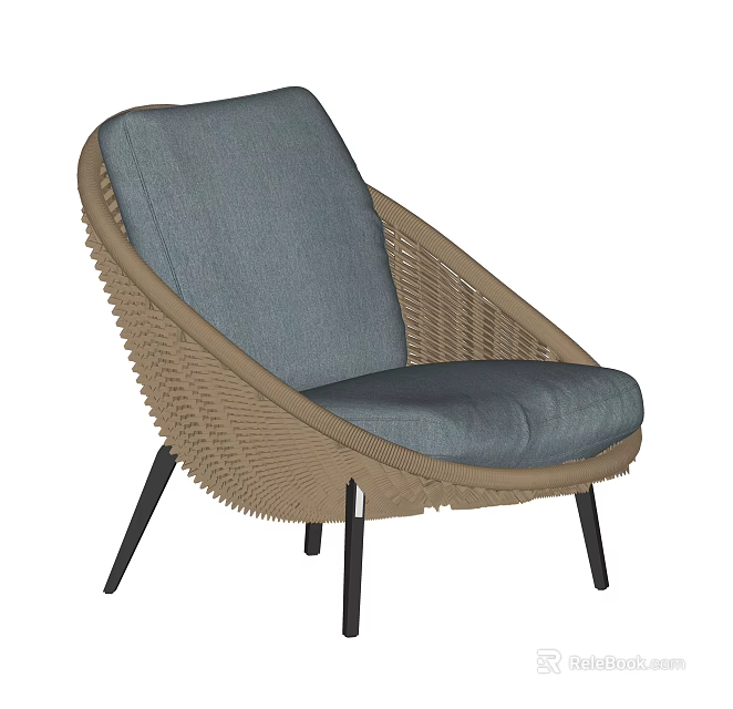 Modern Outdoor Chair With Gray Cushion Woven Frame And Black Legs 3d model 