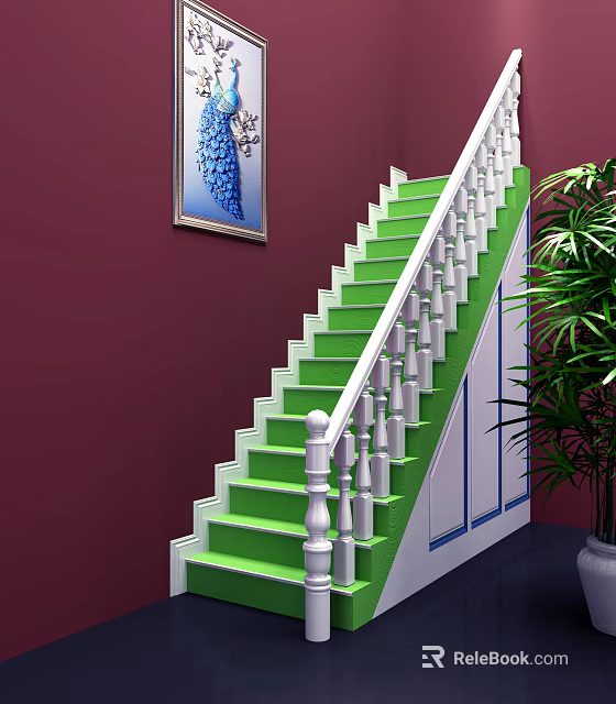 Elegant Staircase With Green Steps White Railings Maroon Wall Blue Painting And Green Plant 3d model 