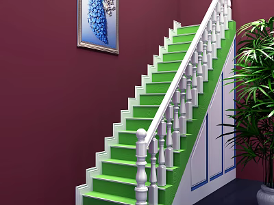 Elegant Staircase With Green Steps White Railings Maroon Wall Blue Painting And Green Plant 3d model