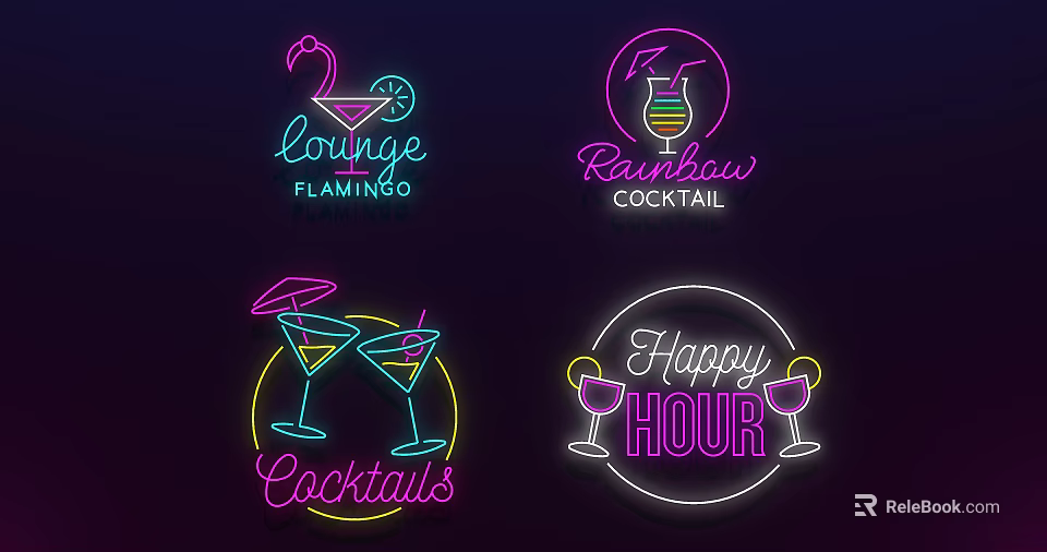 Neon Decorative Lights with Flamingo Cocktail Rainbow and Happy Hour Design Elements 3d model 