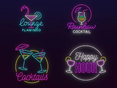 Neon Decorative Lights with Flamingo Cocktail Rainbow and Happy Hour Design Elements 3d model