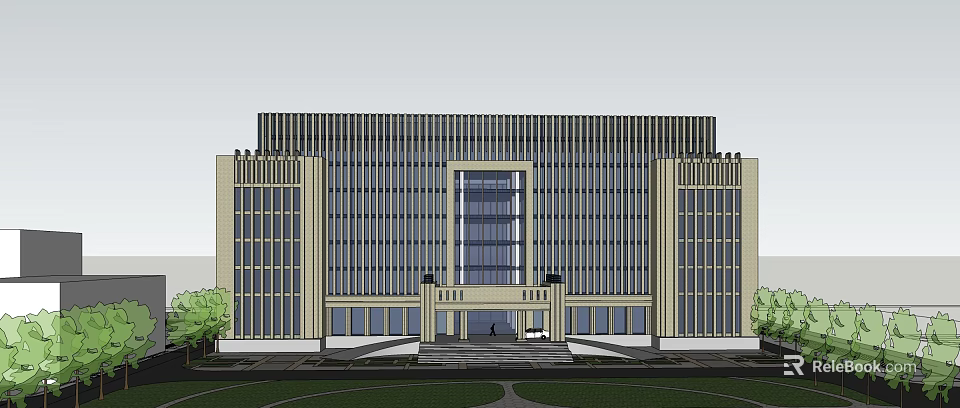 Modern Office Building Exterior Design With Large Glass Windows Symmetrical Structure And Grand Entrance 3d model 