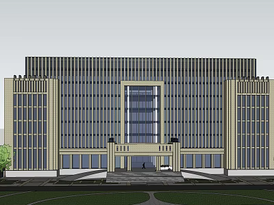 Modern Office Building Exterior Design With Large Glass Windows Symmetrical Structure And Grand Entrance 3d model
