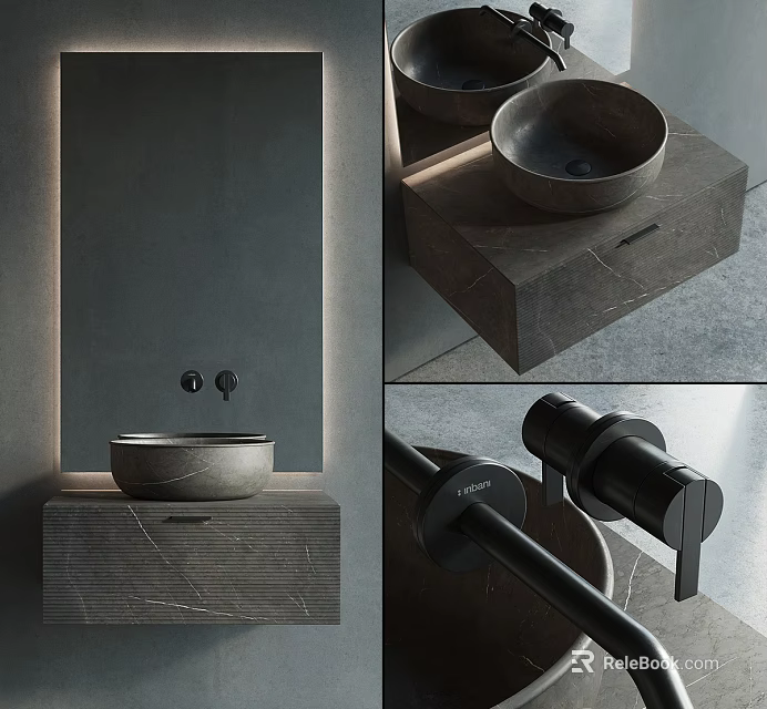 Modern Minimalist Washbasin Design With Marble Countertop And Black Faucet 3d model 