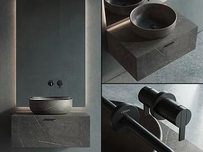 Modern Minimalist Washbasin Design With Marble Countertop And Black Faucet 3d model