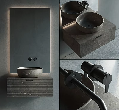Modern Minimalist Washbasin Design With Marble Countertop And Black Faucet 3d model