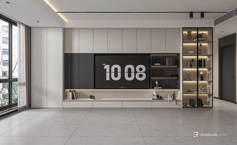 Modern TV Background Cabinet With LED Lights Storage And Decorative Items 3d model 