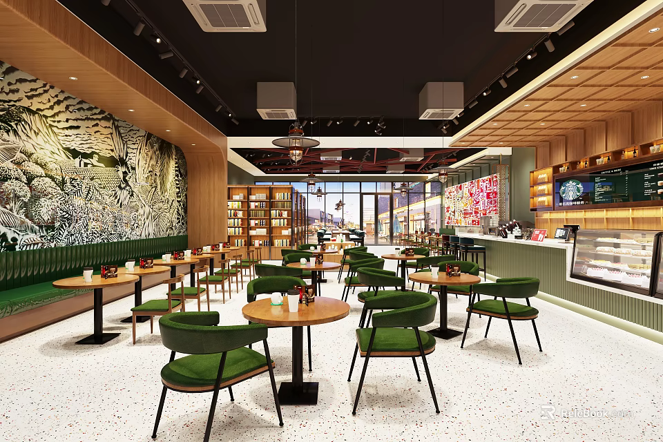 Modern Café Interior Design With Green Chairs Wooden Walls And Round Tables 3d model 