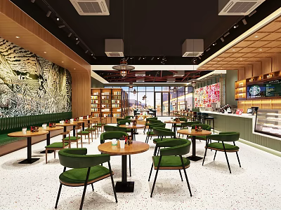 Modern Café Interior Design With Green Chairs Wooden Walls And Round Tables 3d model