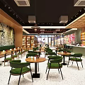 Modern Café Interior Design With Green Chairs Wooden Walls And Round Tables