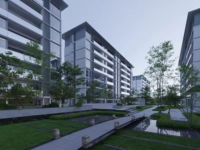 Modern High Rise Residential Building with Lush Greenery Water Features and Scenic Walkways 3d model