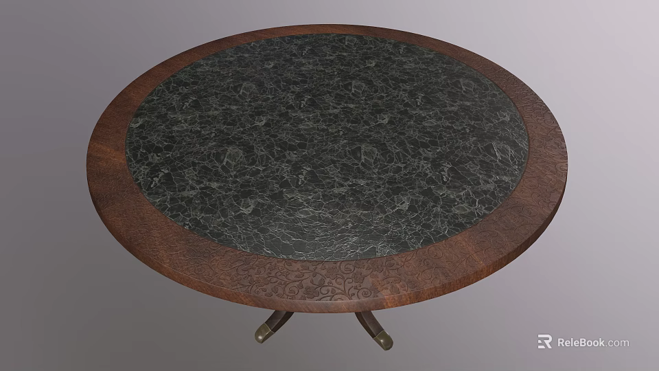 Round Dining Table With Black Marble Top Wooden Edge And Metal Base 3d model 