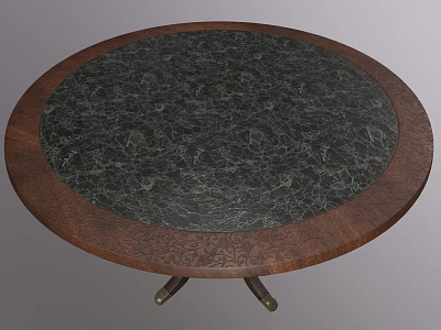 Round Dining Table With Black Marble Top Wooden Edge And Metal Base 3d model