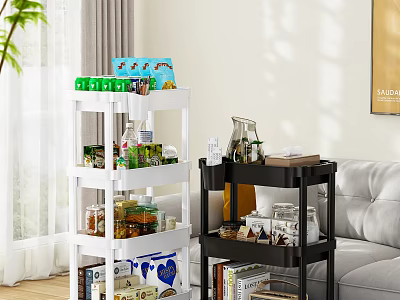 White and Black Shelving Units in Living Room for Snacks Books and Home Storage 3d model